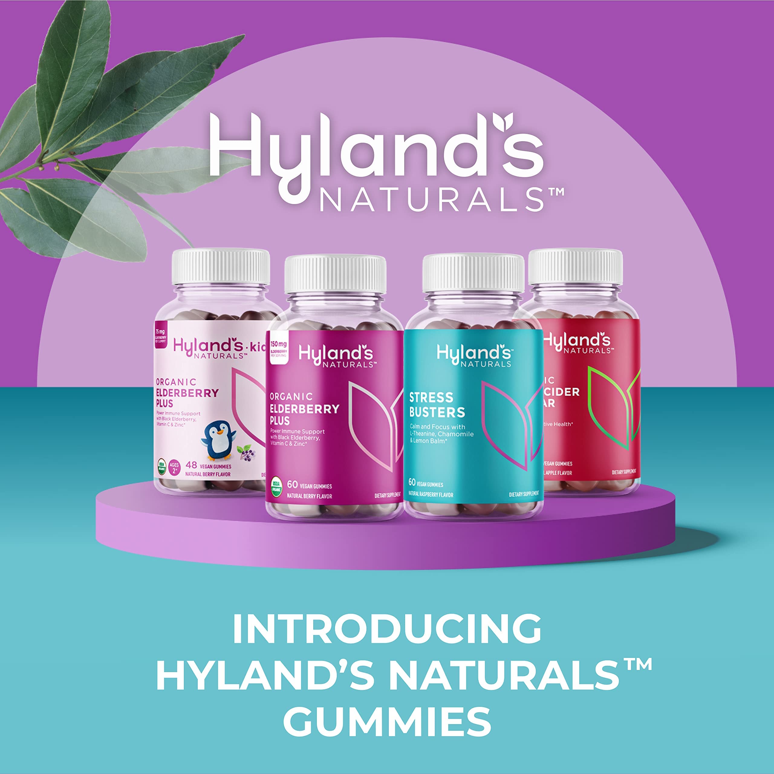 Close-up of Hyland's Elderberry Plus Gummies highlighting organic elderberry content.