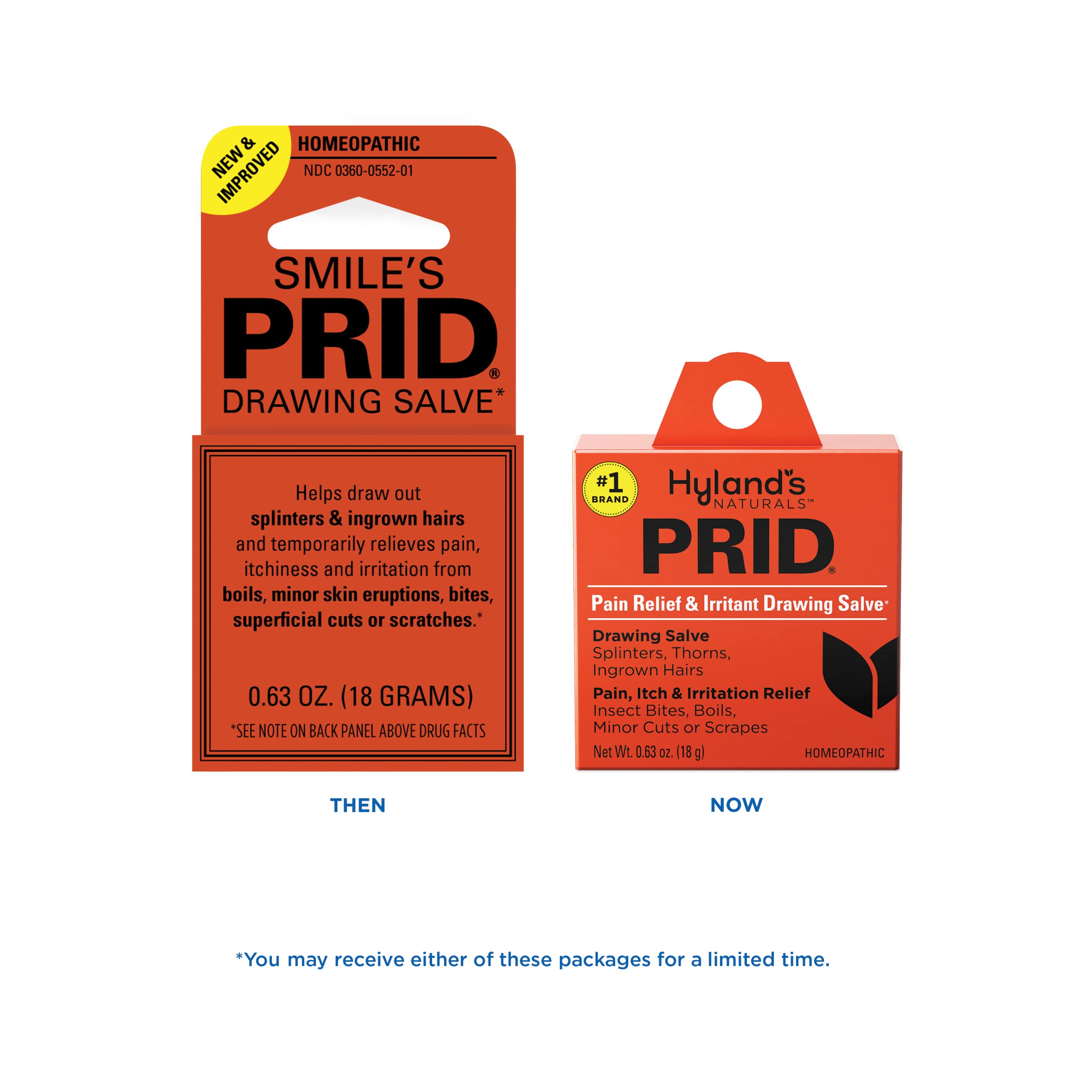Hyland's PRID drawing salve bottle side view emphasizes two-pack value.