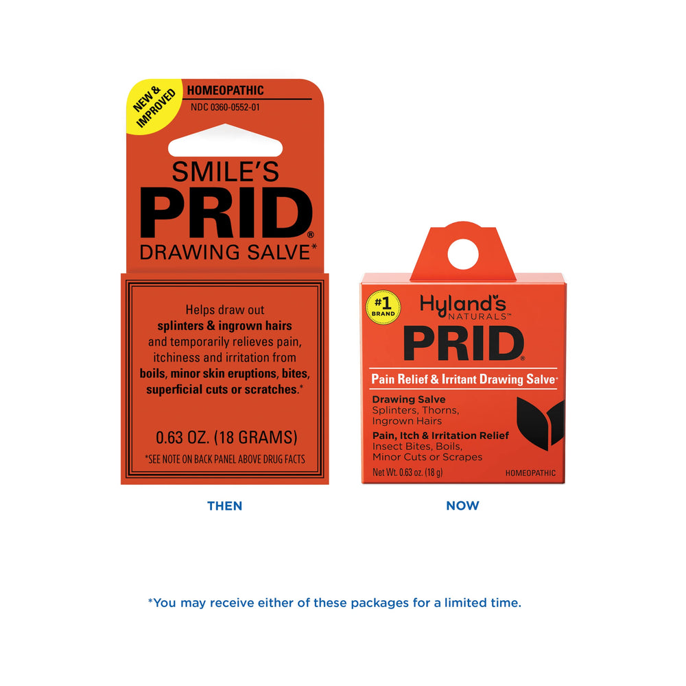 Hyland's PRID drawing salve bottle side view emphasizes two-pack value.