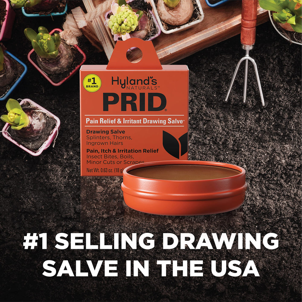 Hyland's PRID drawing salve natural formula badge indicating safe, gentle use.