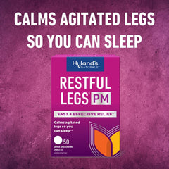 Box and label of Hyland's Restful Legs PM highlighting natural nighttime support.