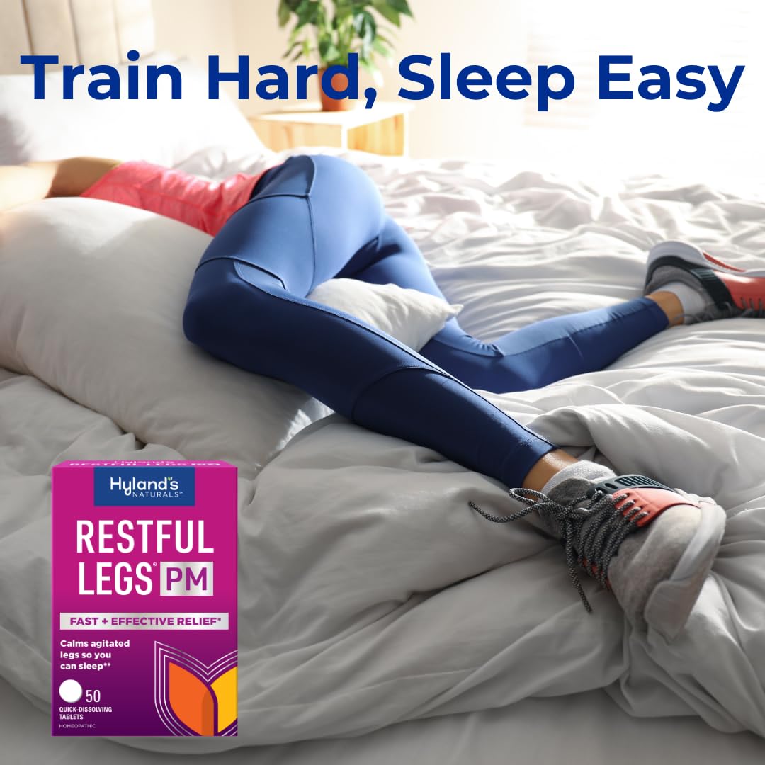 Hyland's Restful Legs PM label close-up emphasizing natural ingredients.