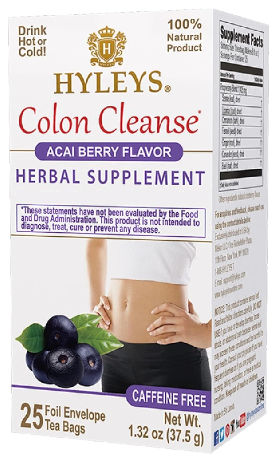 Hyleys Colon Cleanse Acai Berry pack shot emphasizing caffeine-free digestive support