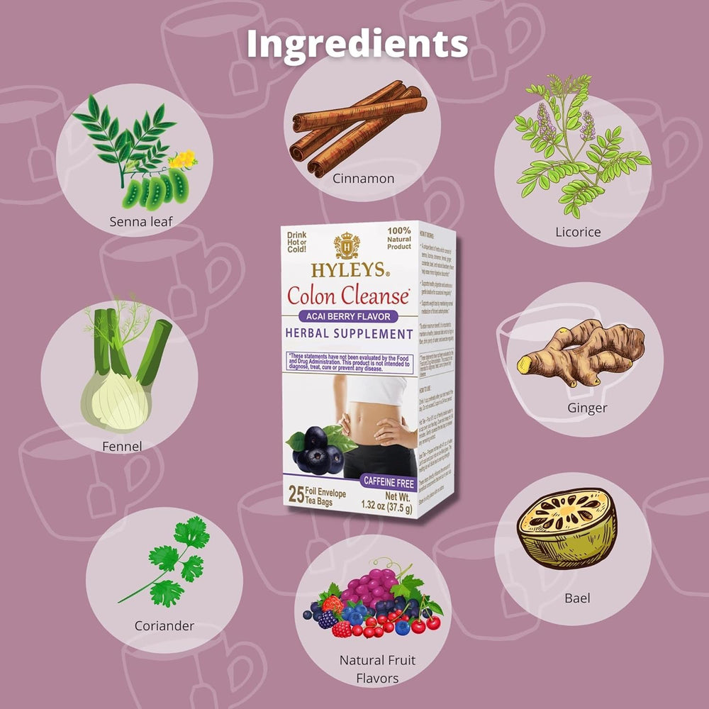 Hyleys Colon Cleanse Acai Berry tea bags ready for a routine of balance