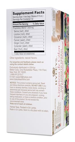 HYLEYS Colon Cleanse Tea bags close-up for caffeine-free gut-friendly rituals.