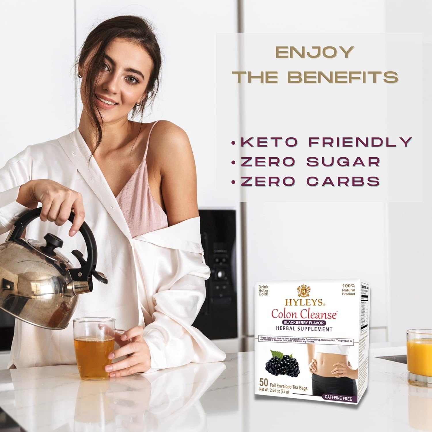 Display of Hyleys Colon Cleanse Tea Blackberry 50 bags box on shelf.