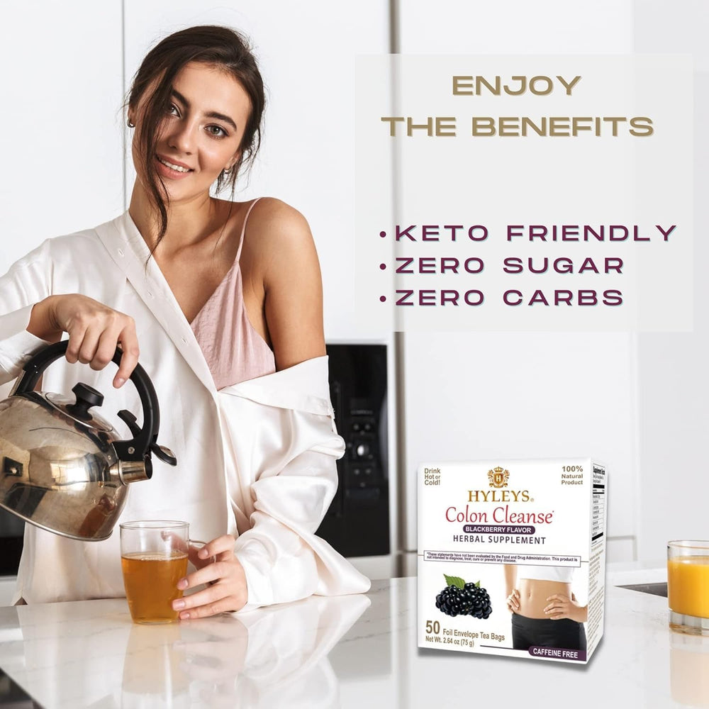 Display of Hyleys Colon Cleanse Tea Blackberry 50 bags box on shelf.
