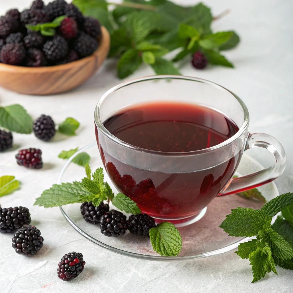 Glass of brewed Hyleys Colon Cleanse Tea Blackberry with steam.