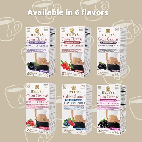 Hyleys Colon Cleanse Tea Blackberry on a kitchen counter with ingredients.