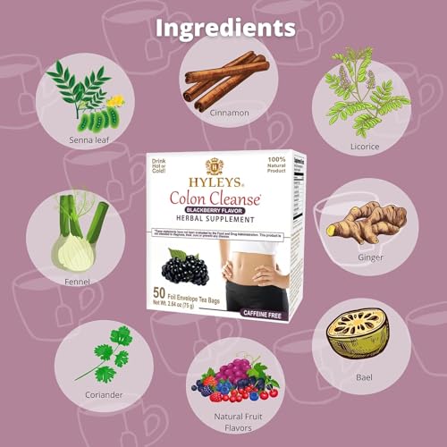 Hyleys Colon Cleanse Tea Blackberry packaging shown for a 15-day routine.
