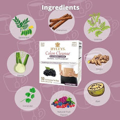 Hyleys Colon Cleanse Tea Blackberry packaging shown for a 15-day routine.