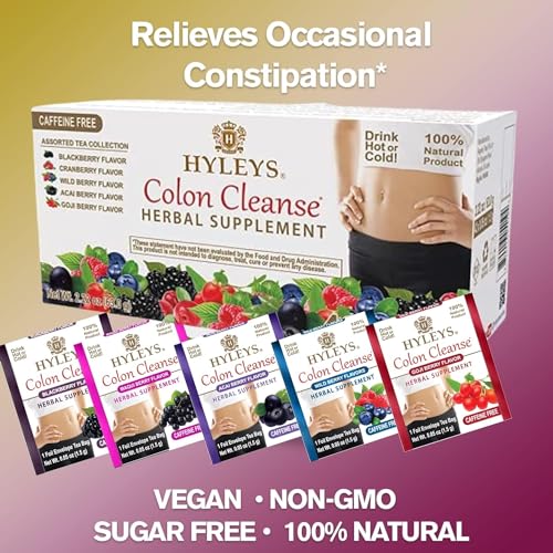 HYLEYS Colon Cleanse Tea open box reveals assorted bags.