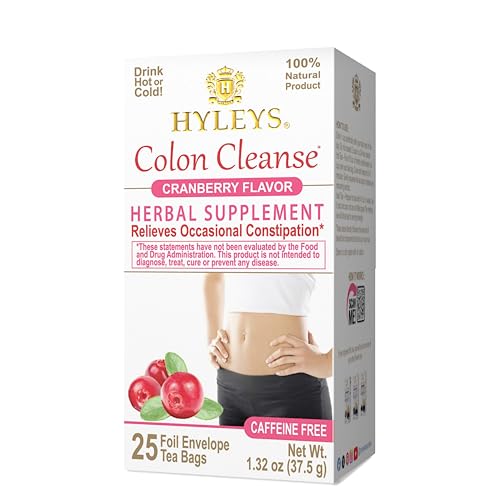 Hyleys Colon Cleanse Tea Cranberry Detailed Label informs ingredients and caffeine-free promise.
