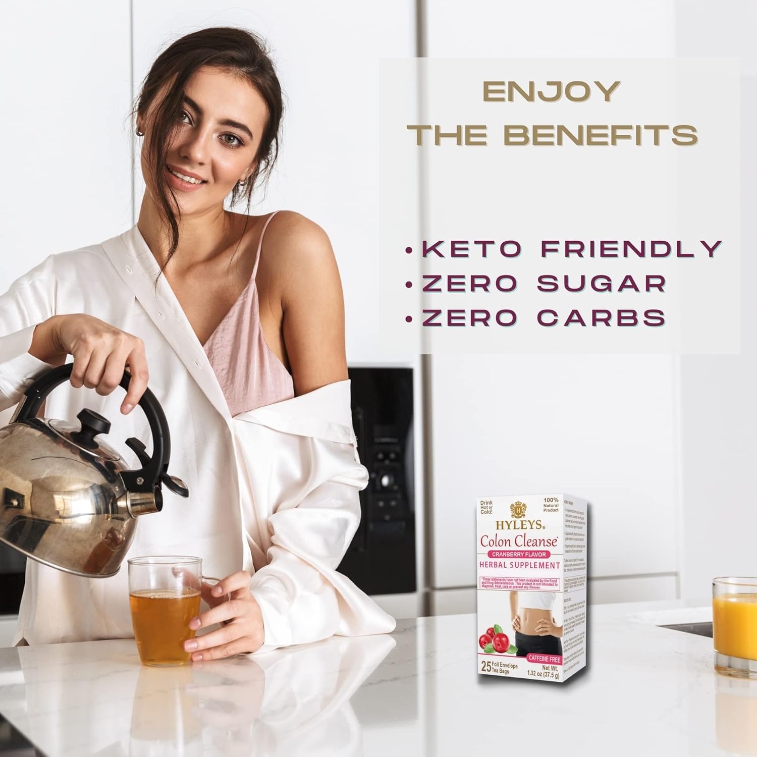 Hyleys Colon Cleanse Tea Cranberry Kitchen Scene in everyday wellness setup.