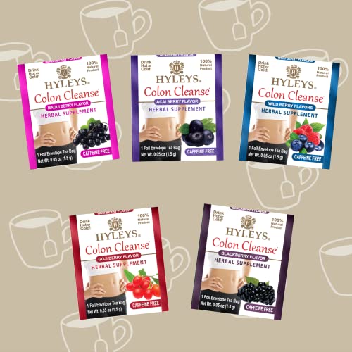 HYLEYS Colon Cleanse Tea label close-up emphasizes caffeine-free detox features.