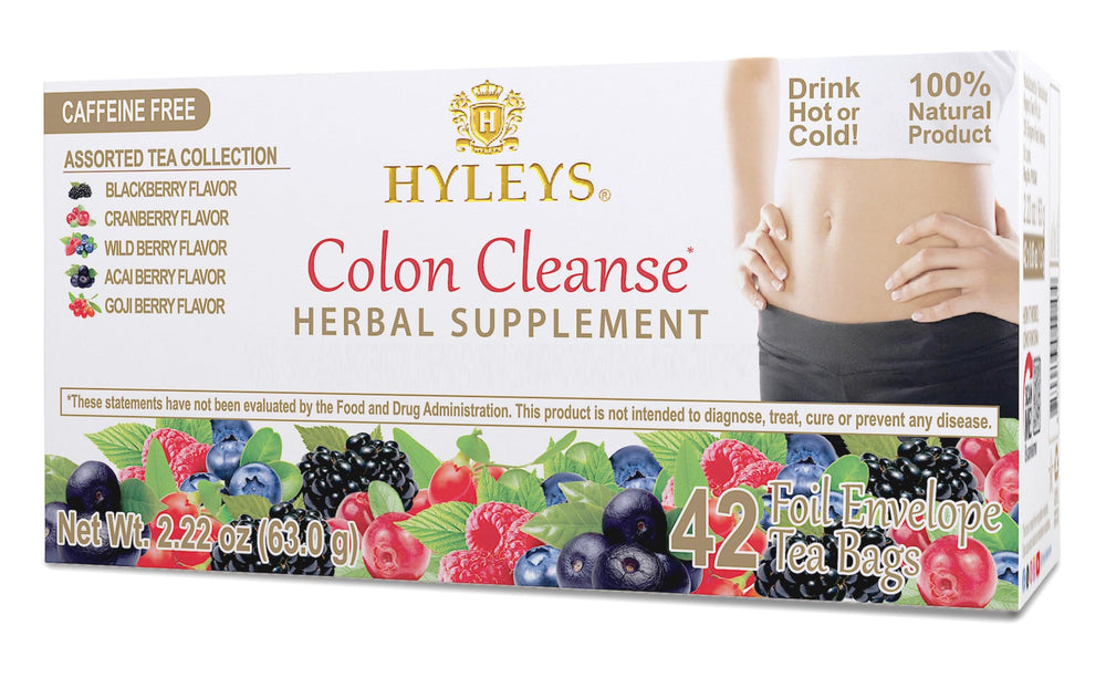 HYLEYS Colon Cleanse Tea packaging on display highlighting gentle digestion support.