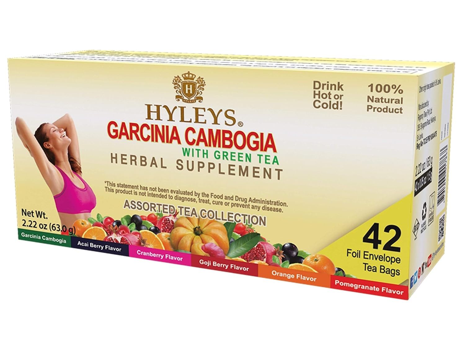 HYLEYS Garcinia Green Tea bags in packaging; supports mindful snacking