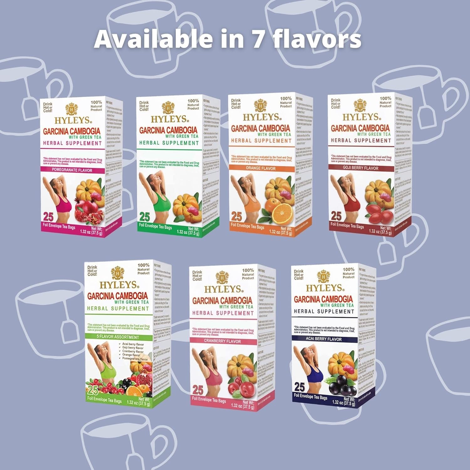 Label details on HYLEYS Garcinia Green Tea; highlights ingredients and flavors