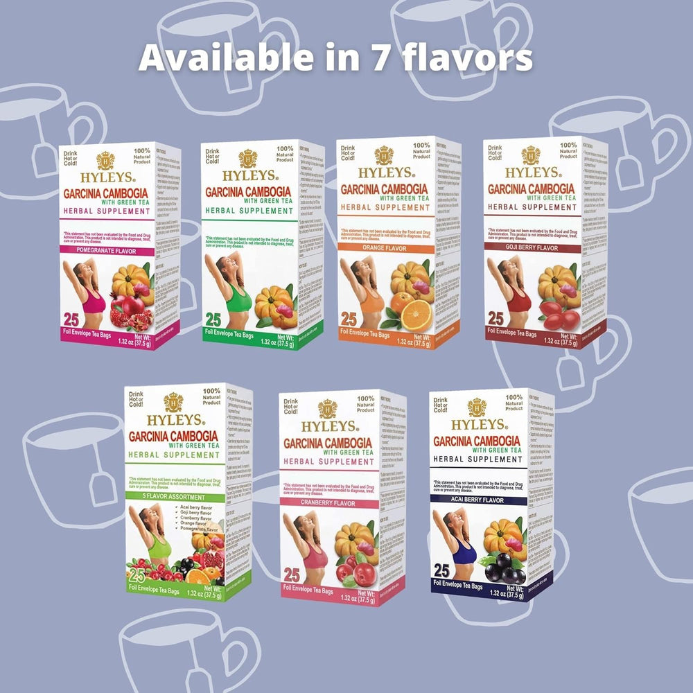 Label details on HYLEYS Garcinia Green Tea; highlights ingredients and flavors
