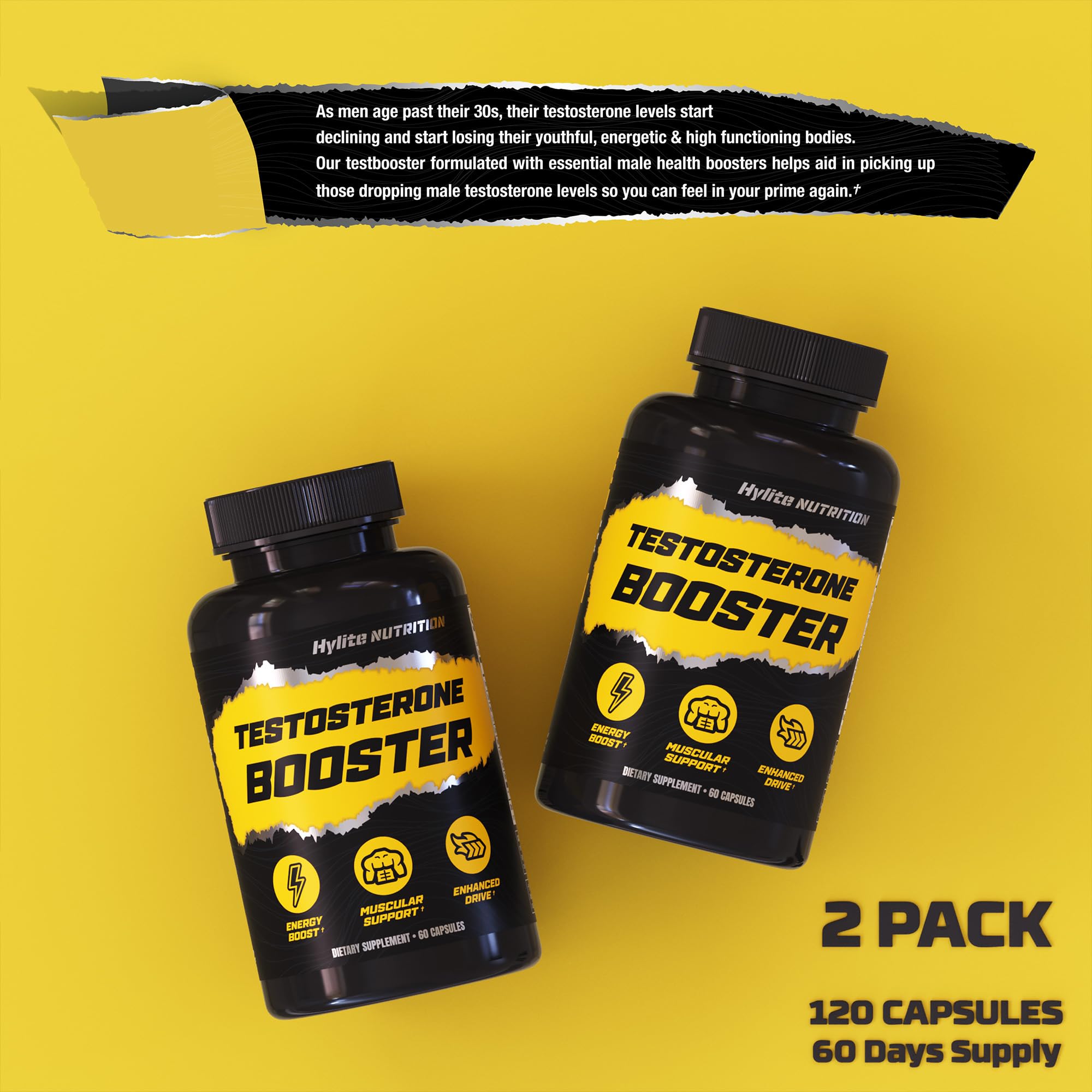 HYLITE NUTRITION Testosterone Booster capsules on counter for daily use.
