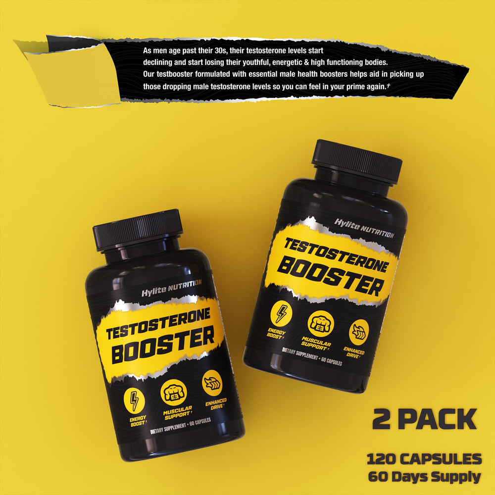 HYLITE NUTRITION Testosterone Booster capsules on counter for daily use.