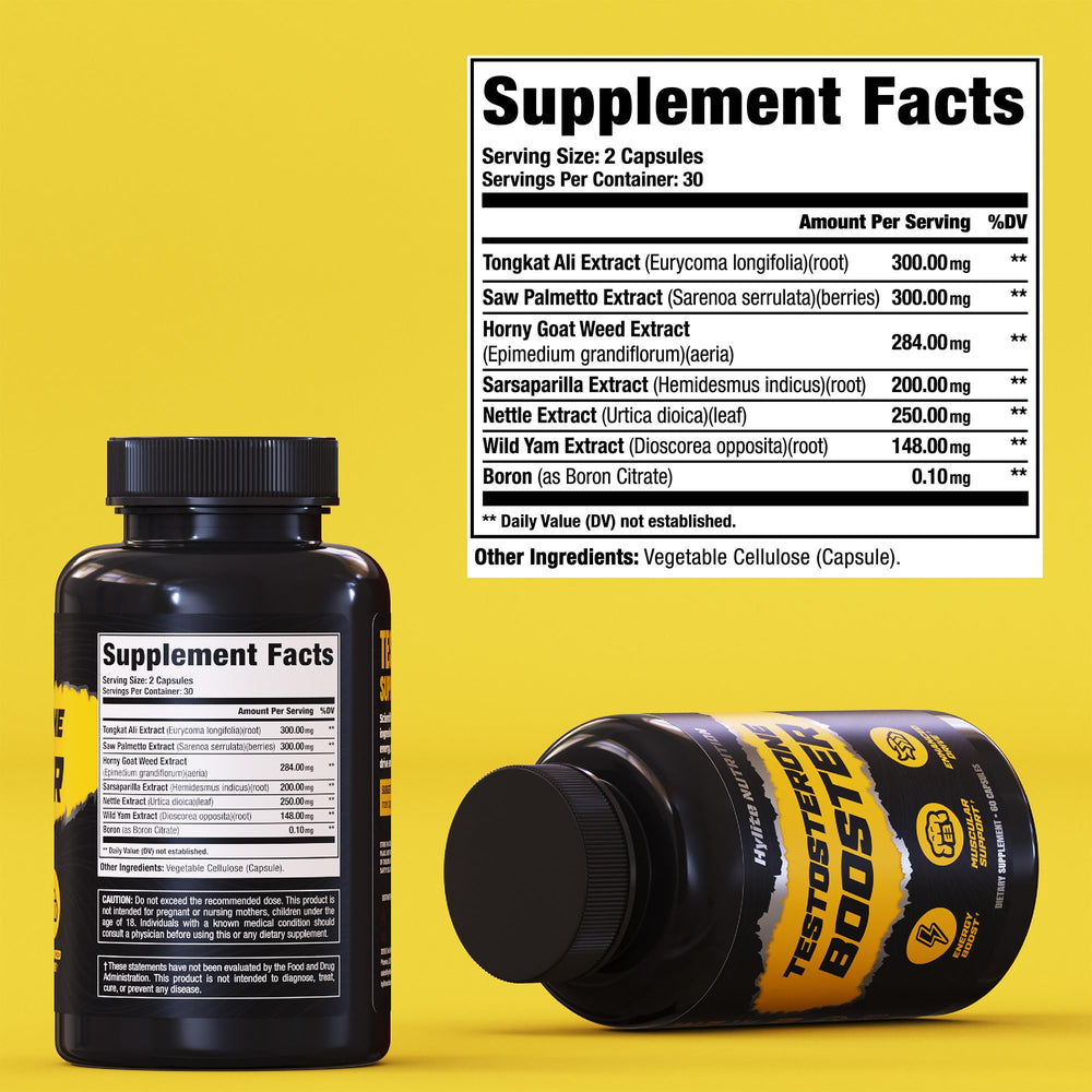 HYLITE NUTRITION Testosterone Booster label closeup highlights trusted formula.