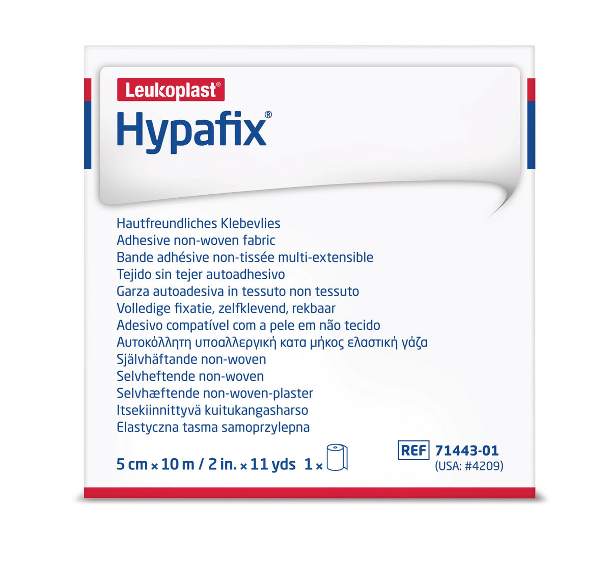 Hypafix, rollo de fijación amplia, mantiene vendajes en su lugar con adherencia suave.