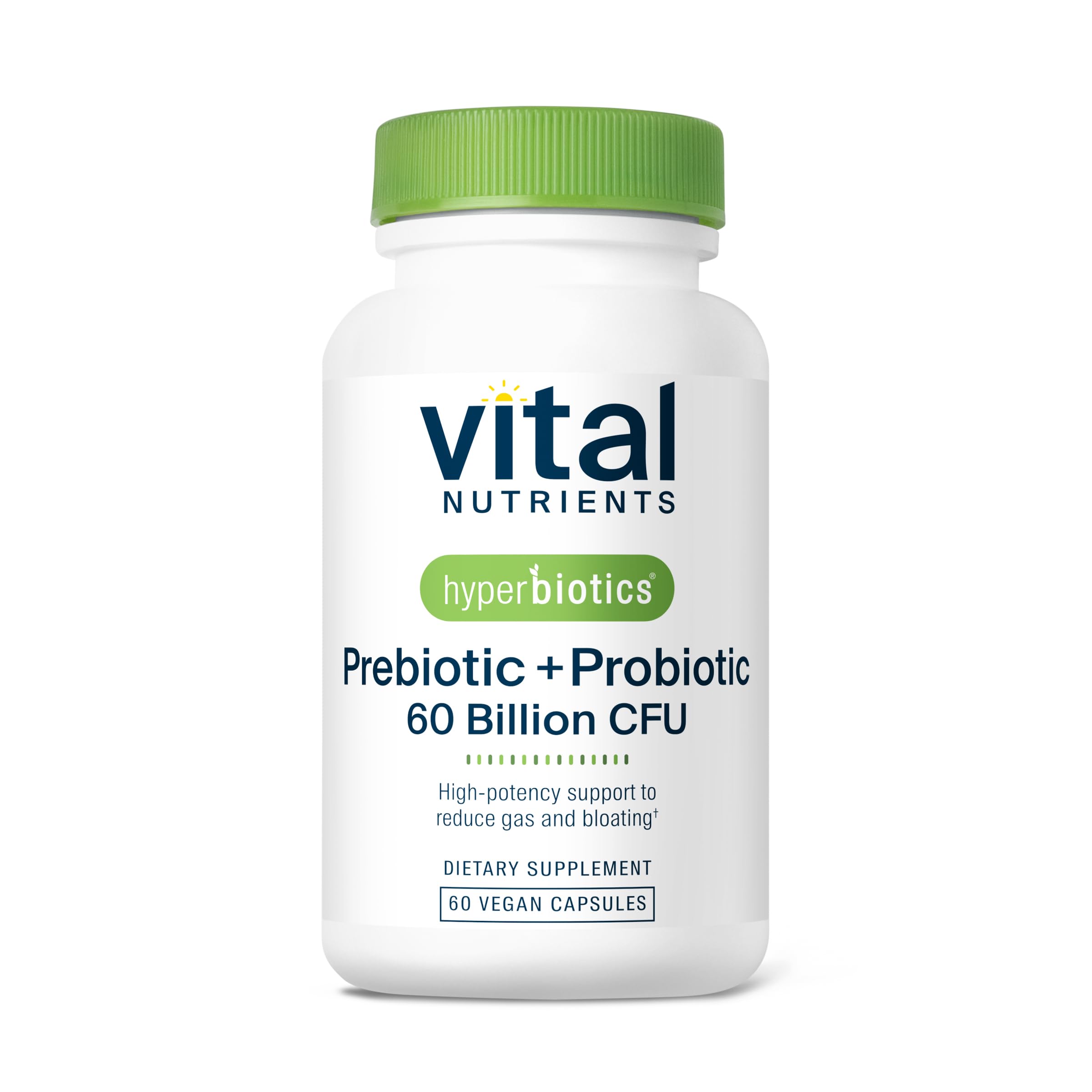 Hyperbiotics Vital Nutrients bottle front view with 60 vegan capsules for daily digestive support.