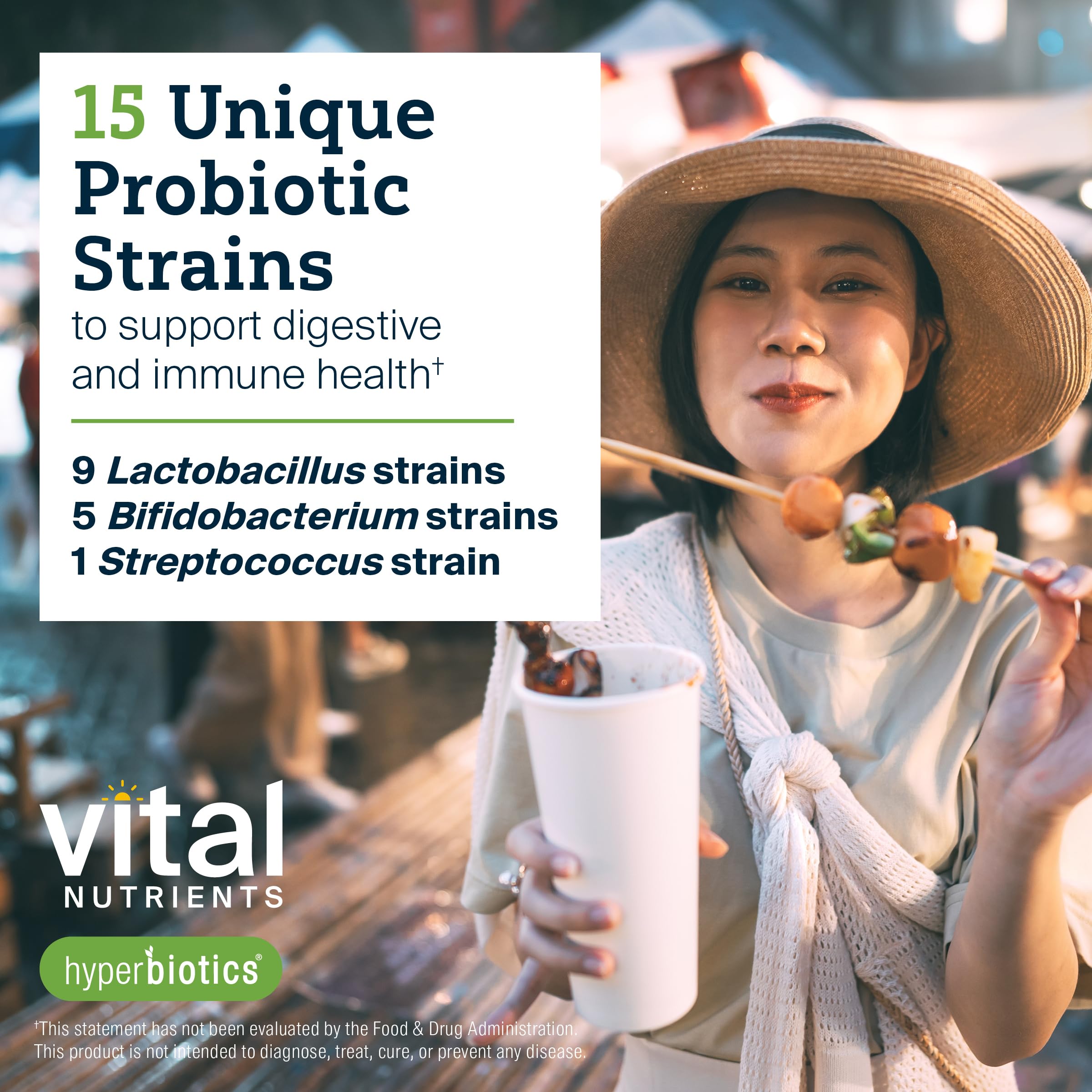 Hyperbiotics Vital Nutrients Pro-15 15-strain blend graphic shows diverse gut microbiome.