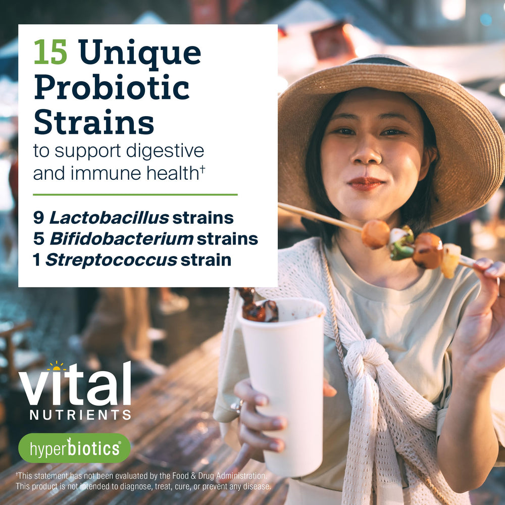 Hyperbiotics Vital Nutrients Pro-15 15-strain blend graphic shows diverse gut microbiome.