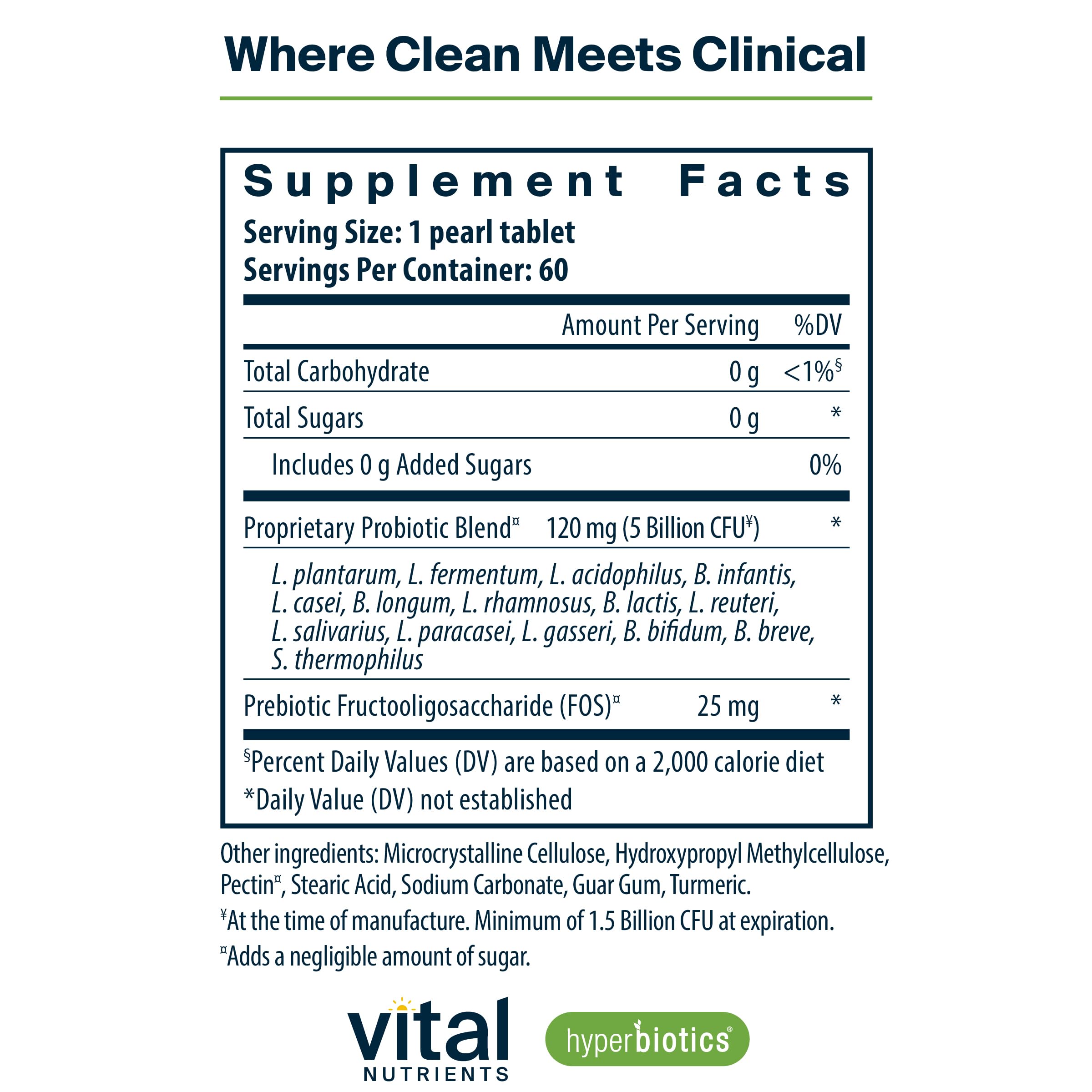 Hyperbiotics Vital Nutrients Pro-15 bottle back displays dosage and ingredients.