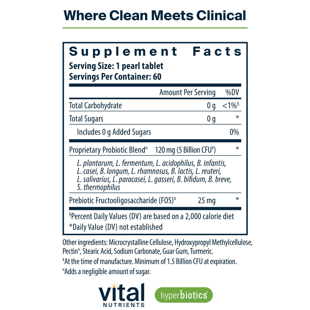 Hyperbiotics Vital Nutrients Pro-15 bottle back displays dosage and ingredients.