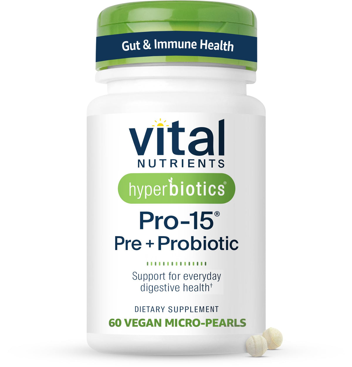 Hyperbiotics Vital Nutrients Pro-15 bottle front view for daily gut support.