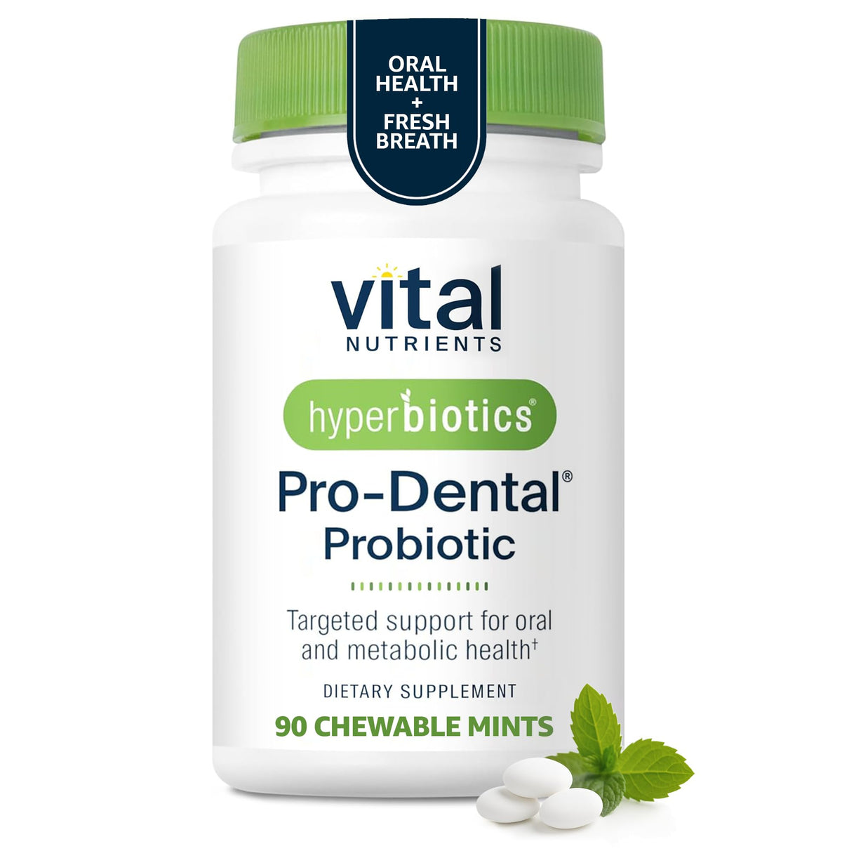 Hyperbiotics Pro Dental bottle with mint tablets for fresh breath.