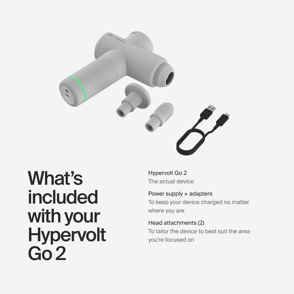 Hyperice Hypervolt Go 2 shows three speeds and interchangeable heads.