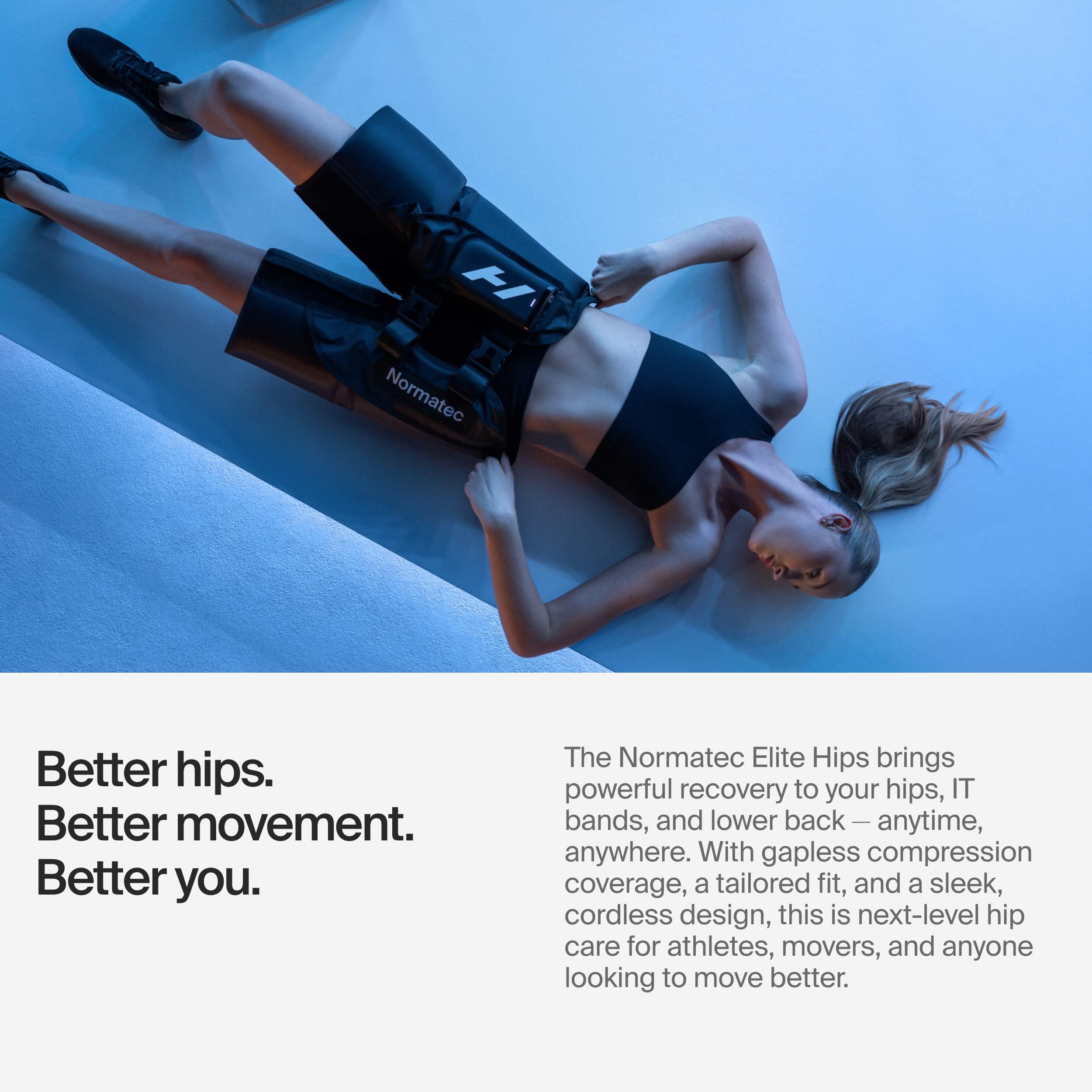 Hyperice Normatec Elite Hips adjustable velcro straps secure a consistent compression fit.
