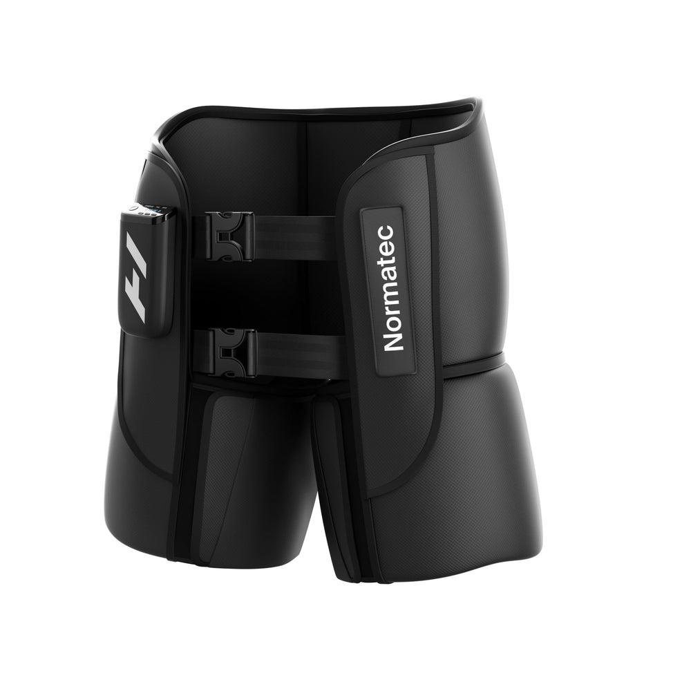 Hyperice Normatec Elite Hips worn for targeted hip and IT band recovery after workouts.