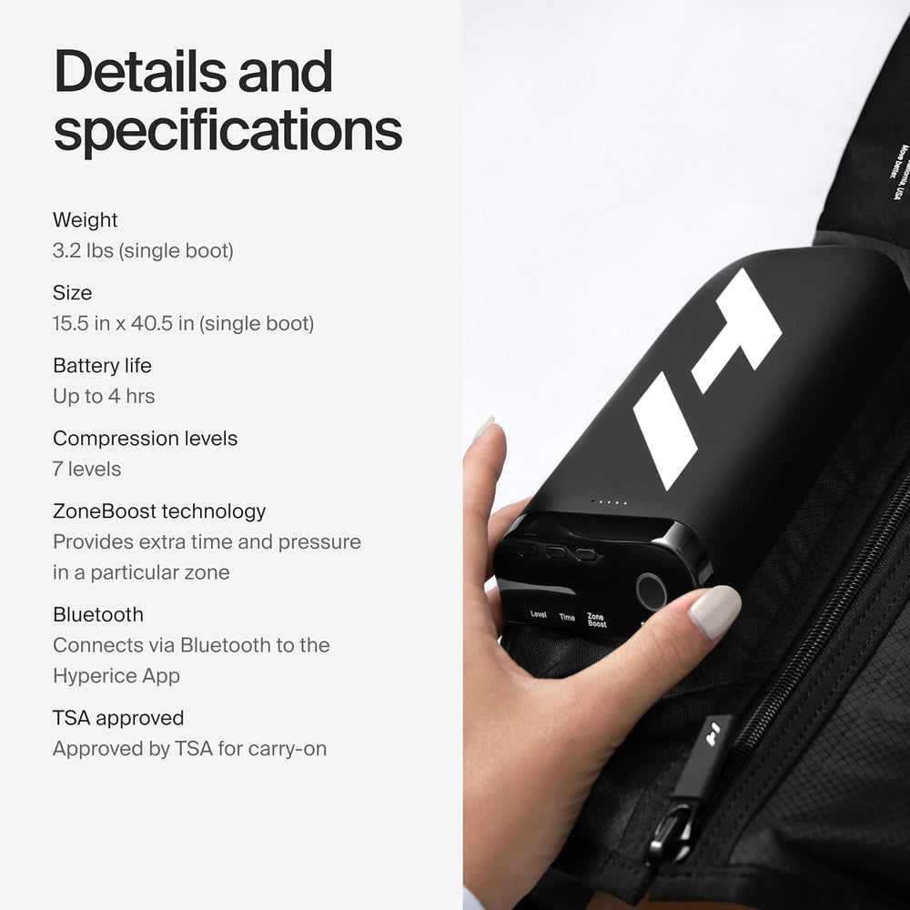 Hyperice Normatec Elite connected charger illustrates extended battery life.
