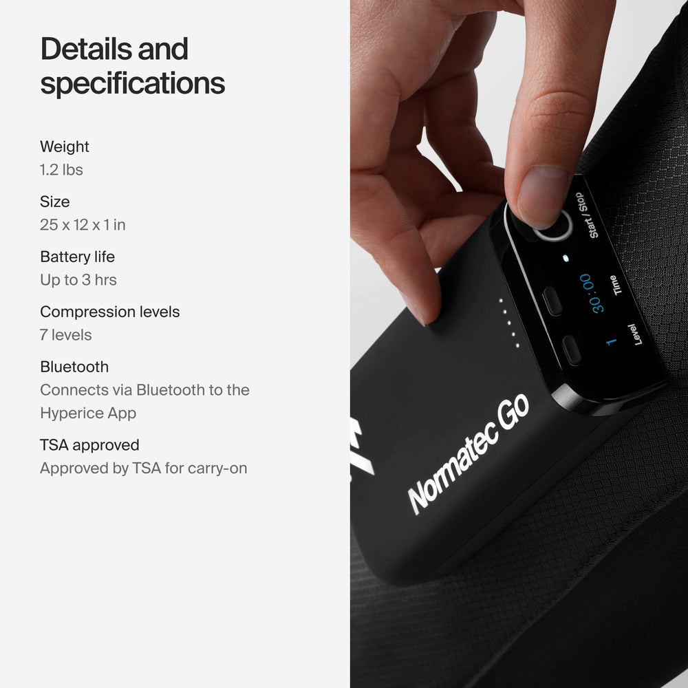 Hyperice Normatec Go battery runs up to two hours per charge.