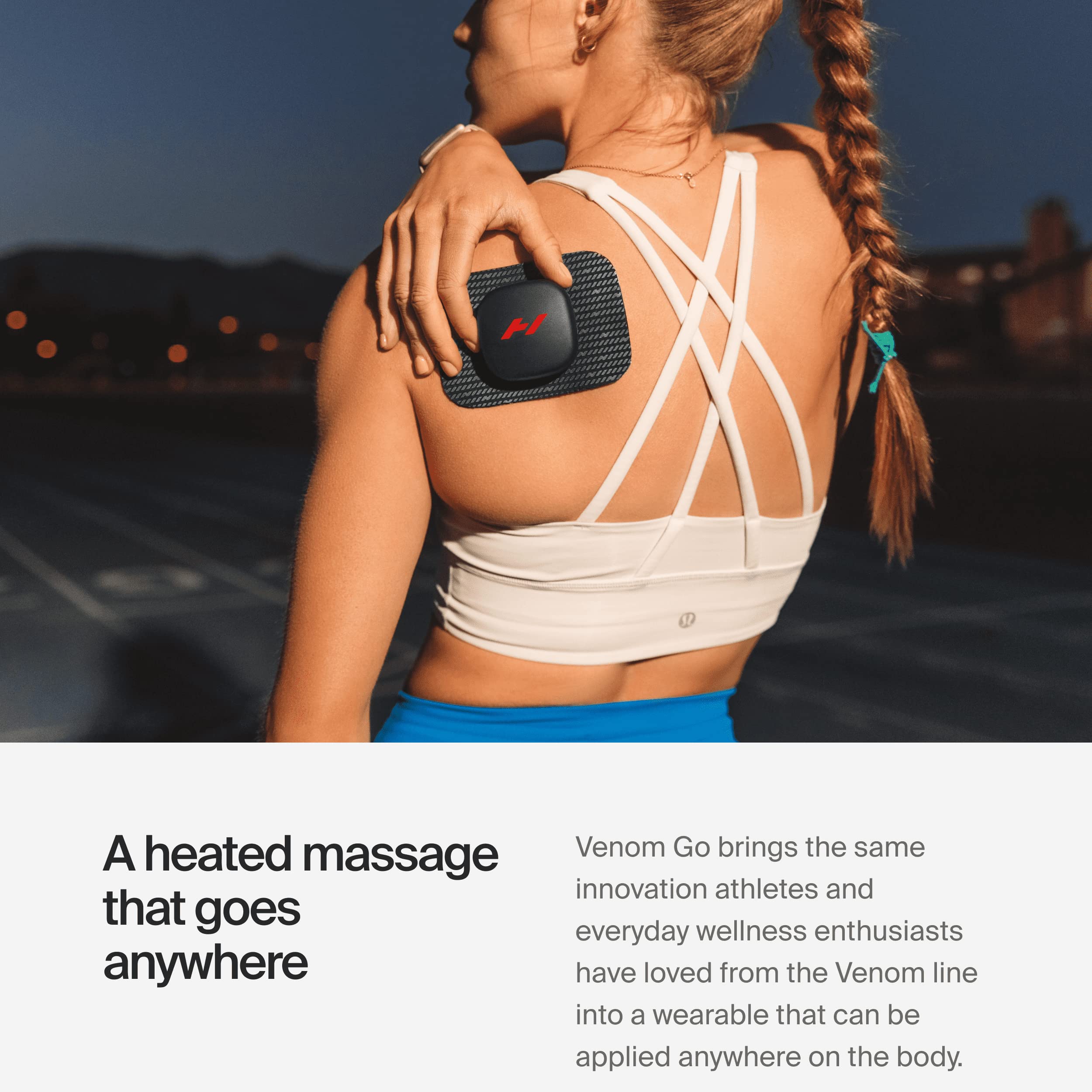 Hyperice Venom Go worn on shoulder for on-the-go relief.