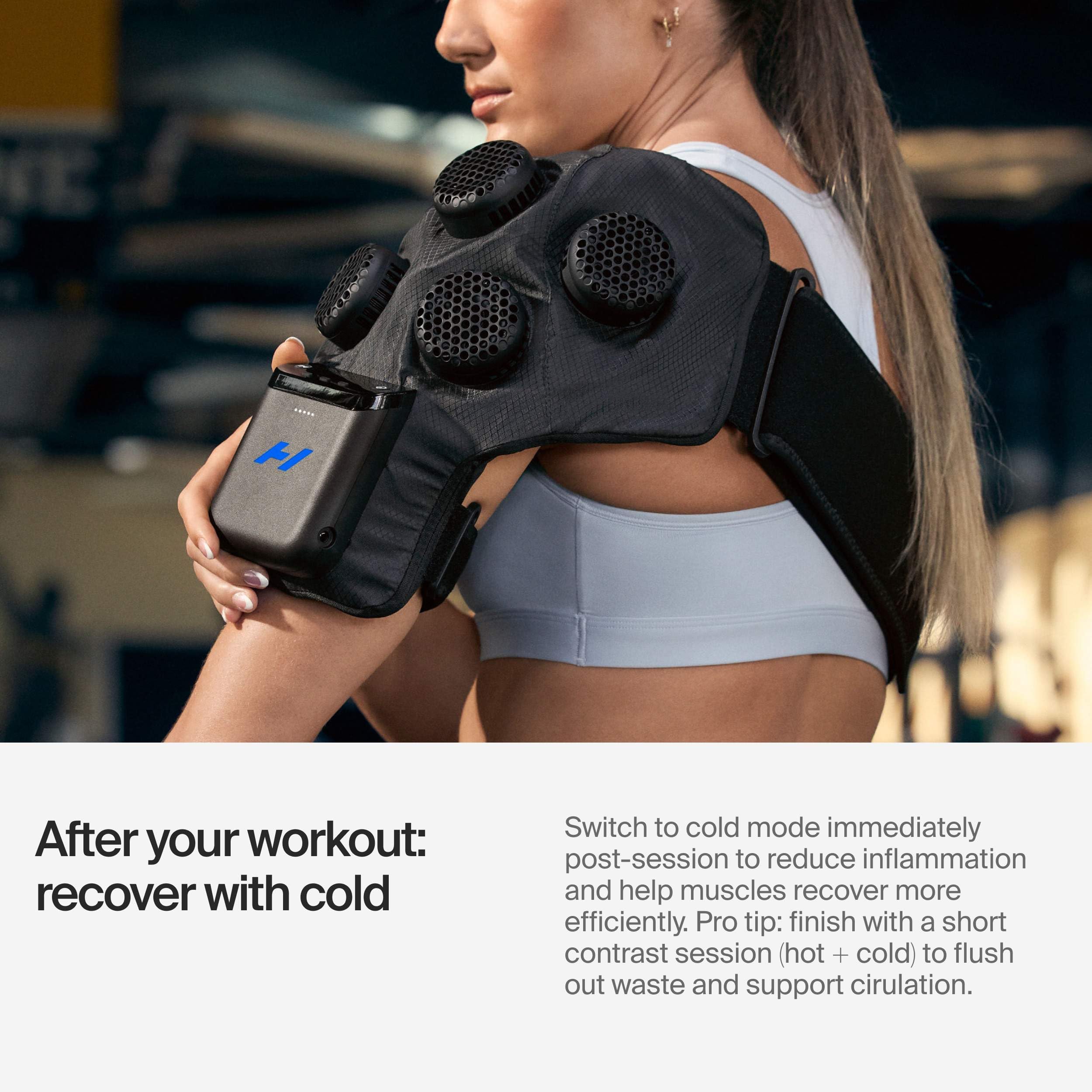 Hyperice X2 Shoulder with compression enhances deep tissue contact.