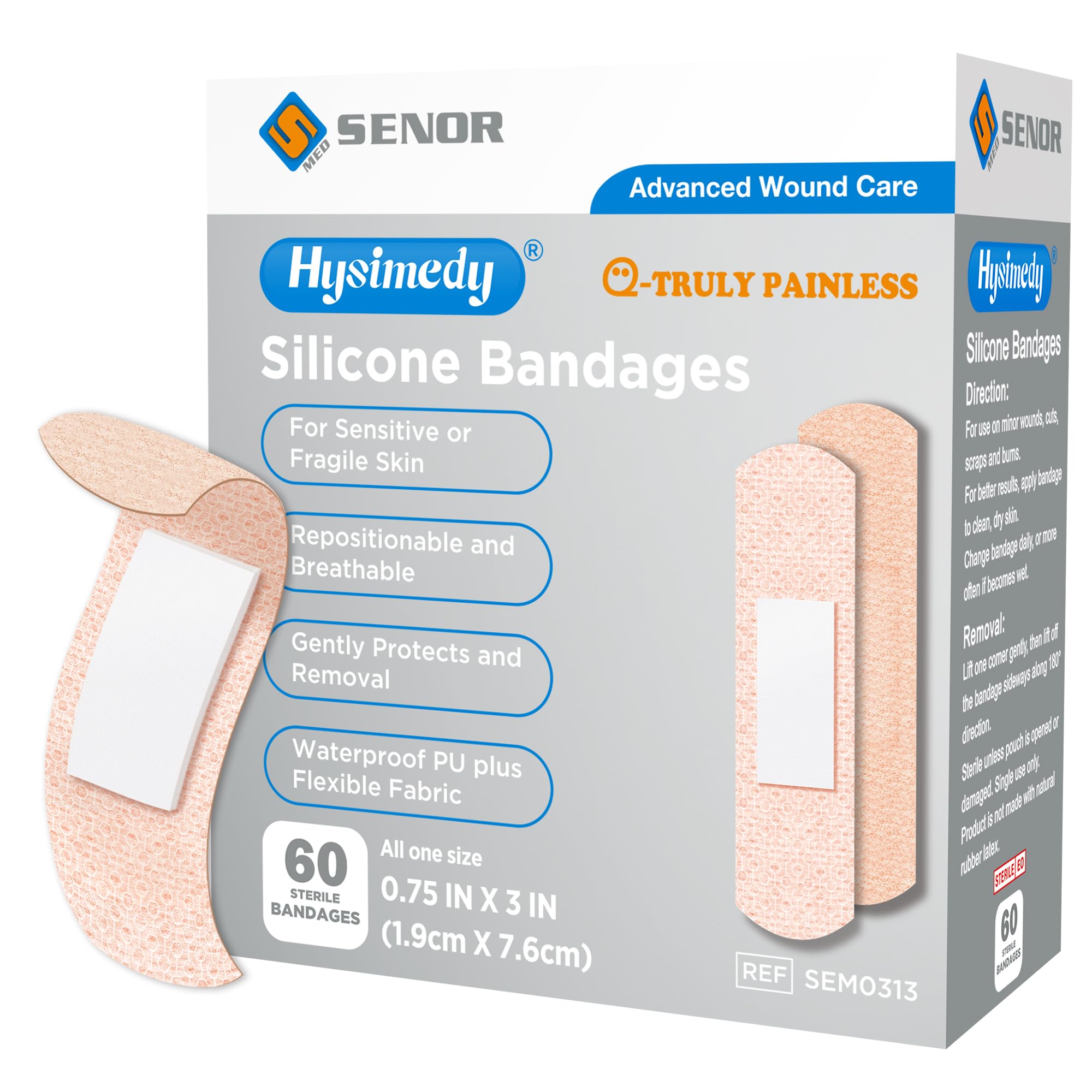 Hysimedy silicone bandages package showing 60-count box for sensitive skin protection