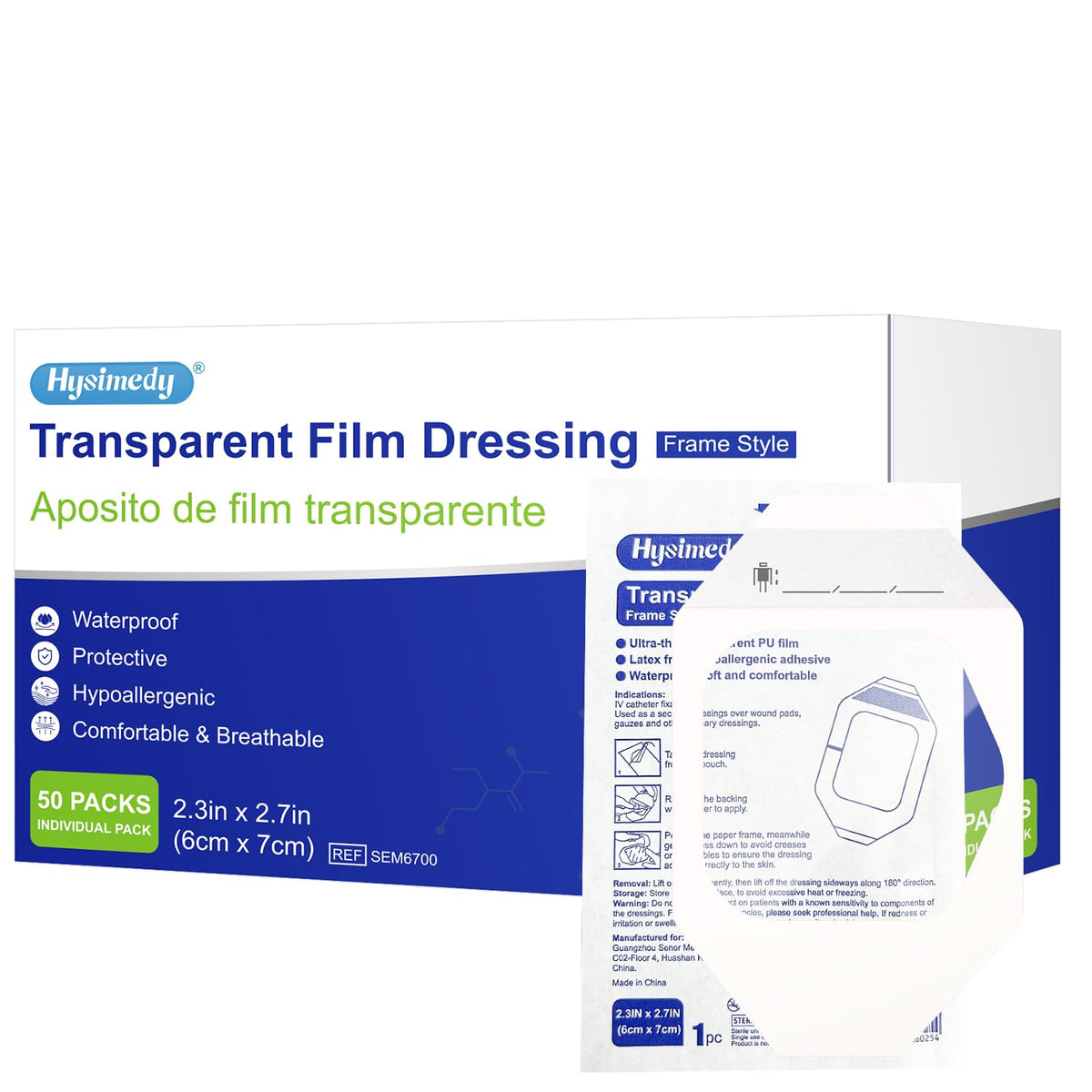 Hysimedy transparent film dressing 2.3x2.7 inch, easy application for quick wound coverage.