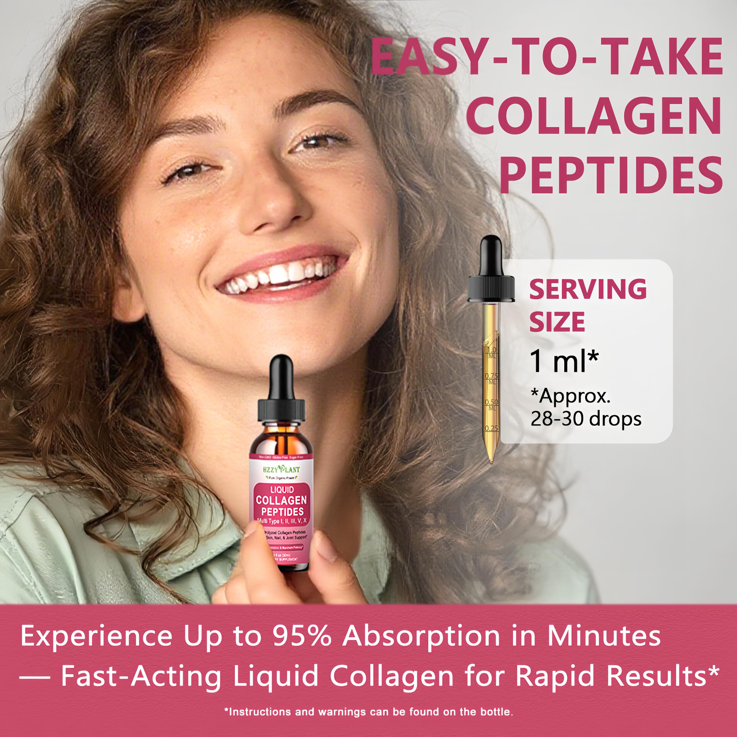 HZZYPLANT Liquid Collagen Drops glass with droplets emphasizing hydration and radiance.