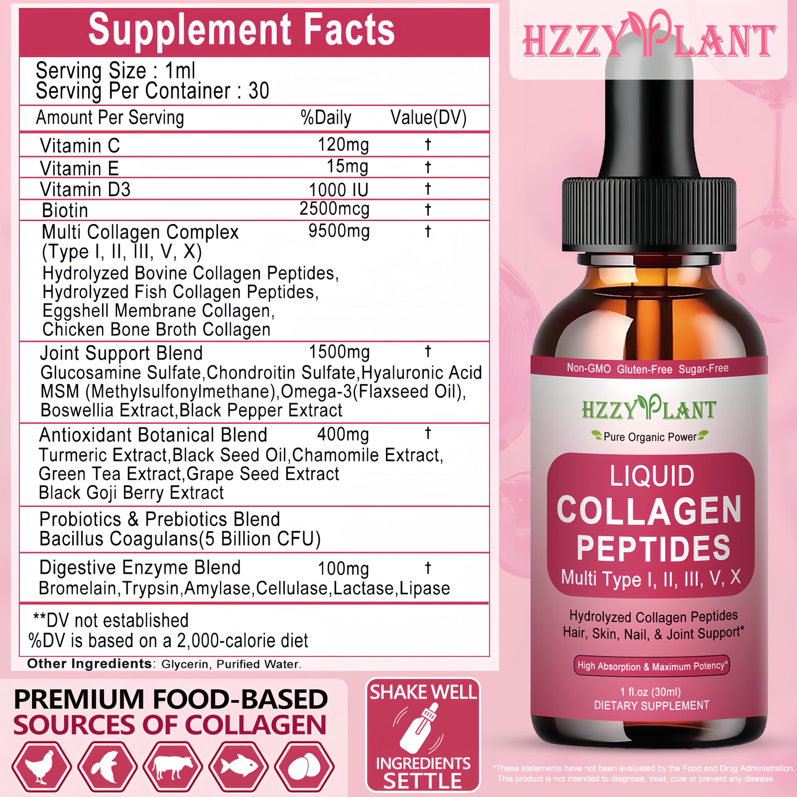 HZZYPLANT Liquid Collagen Drops packaging on shelf signaling travel-friendly routine.