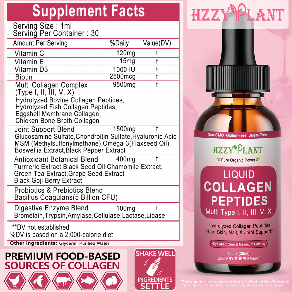 HZZYPLANT Liquid Collagen Drops packaging on shelf signaling travel-friendly routine.