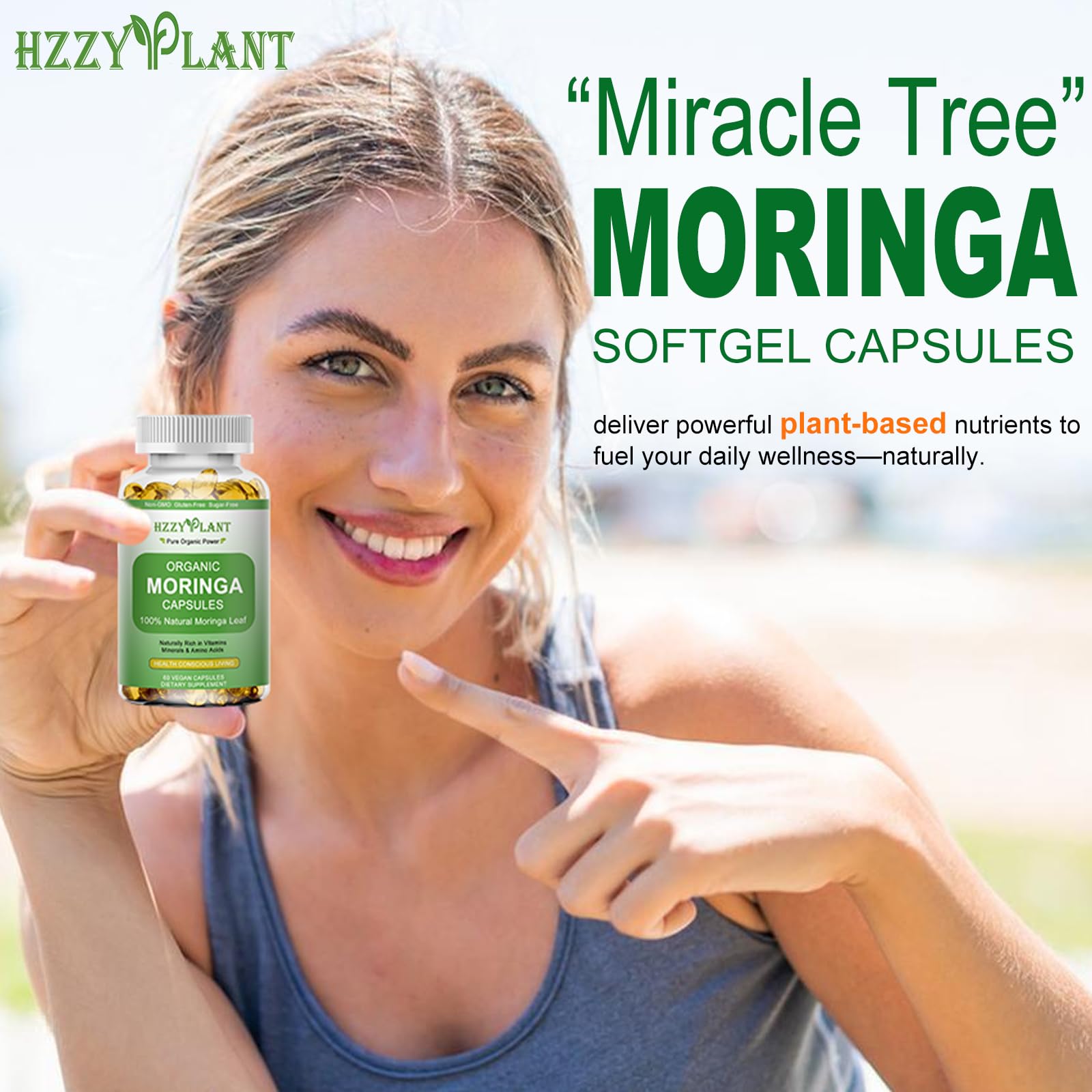 HZZYPLANT Moringa softgel capsules showing high absorption design in green setting