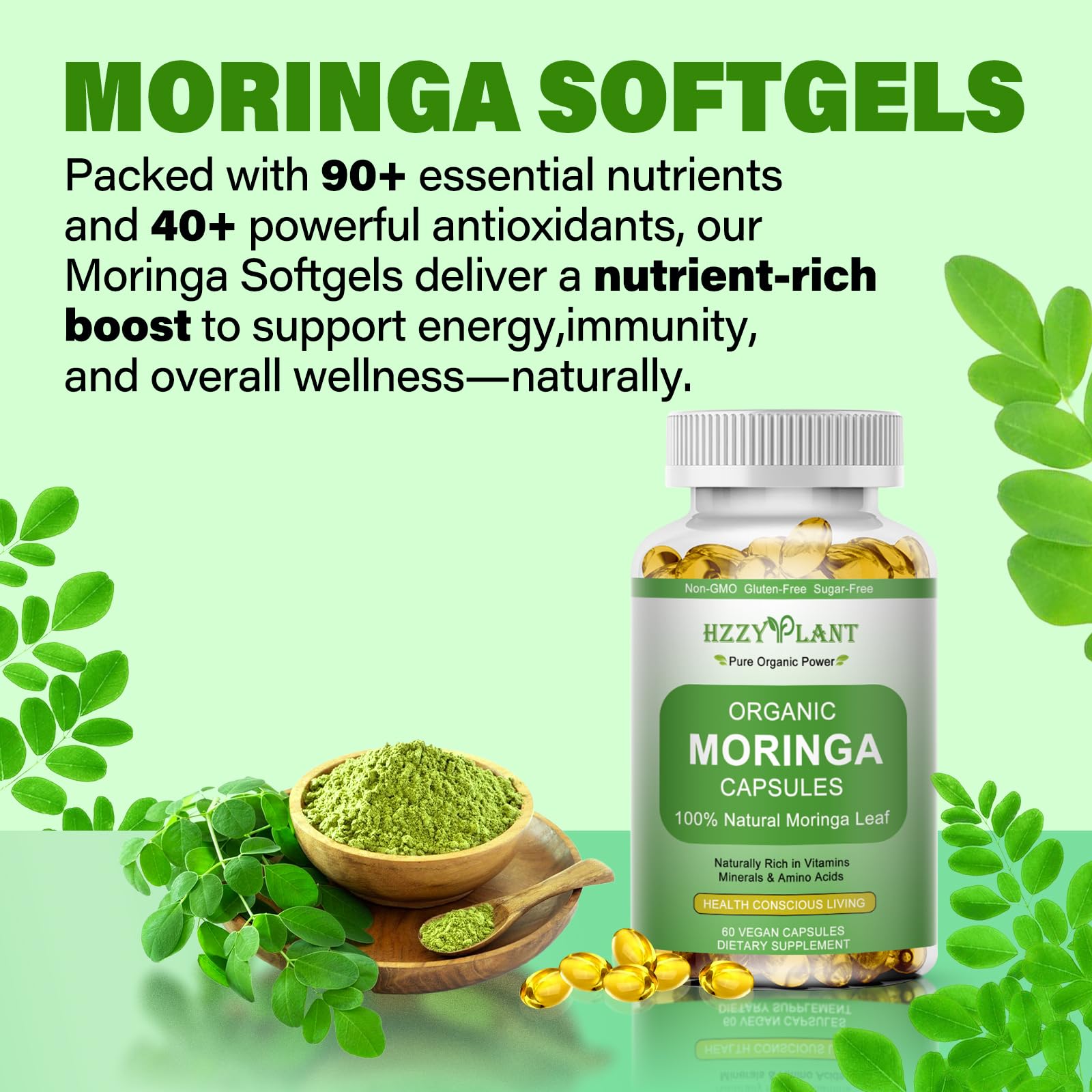 Close-up of HZZYPLANT moringa softgel capsules emphasizing liquid-filled form