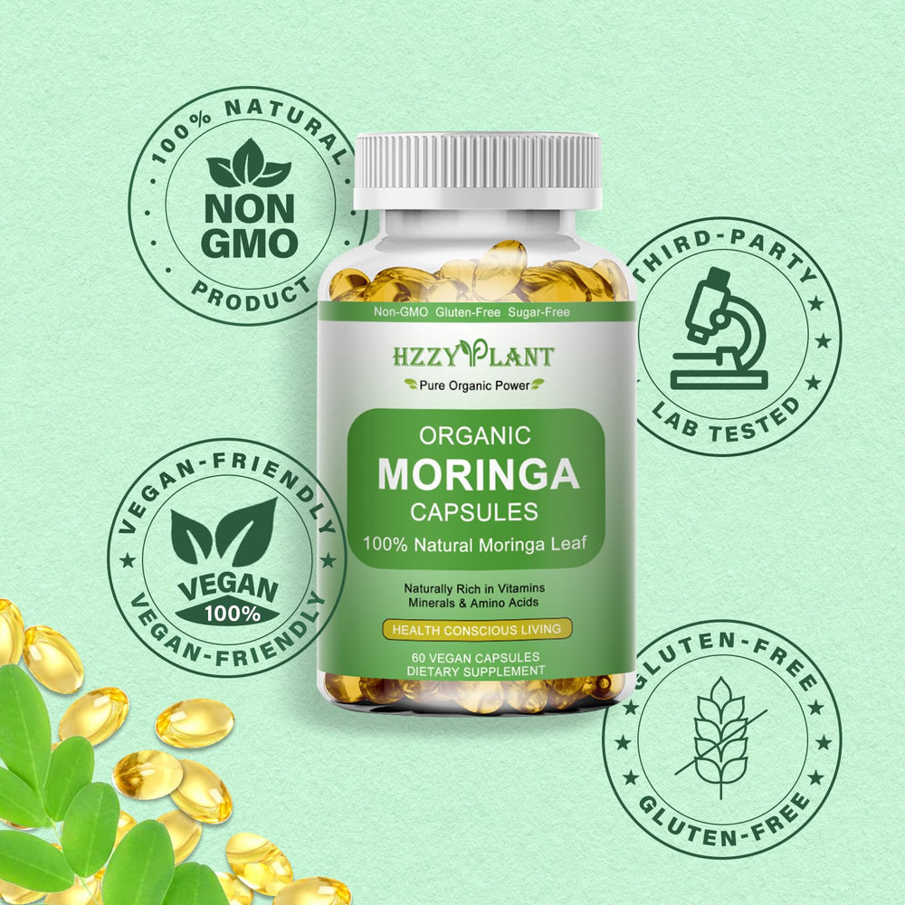 HZZYPLANT Moringa packaging on display beside greens for wellness vibes