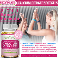 HZZYPLANT Calcium Softgels bottle pour showing easy-to-swallow capsules for daily use